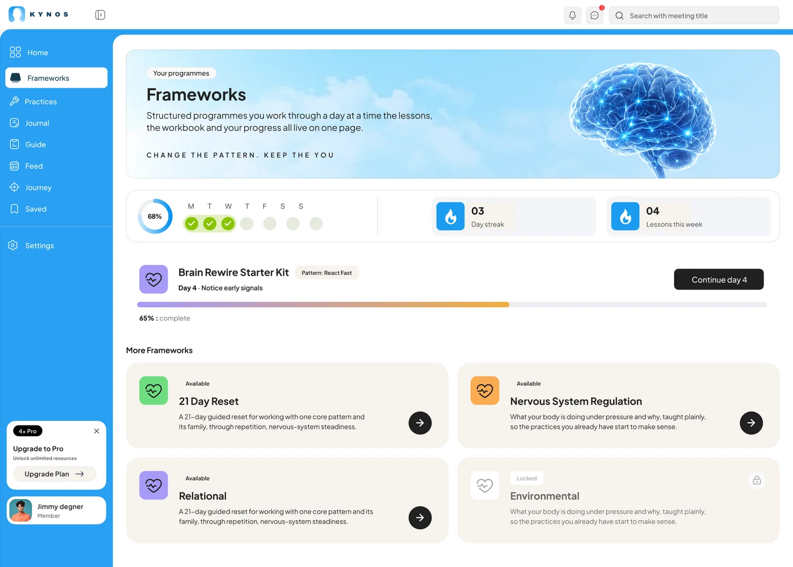 The Kynos Frameworks page: today’s lesson in the Brain Rewire Starter Kit, the week’s progress, and the other frameworks.
