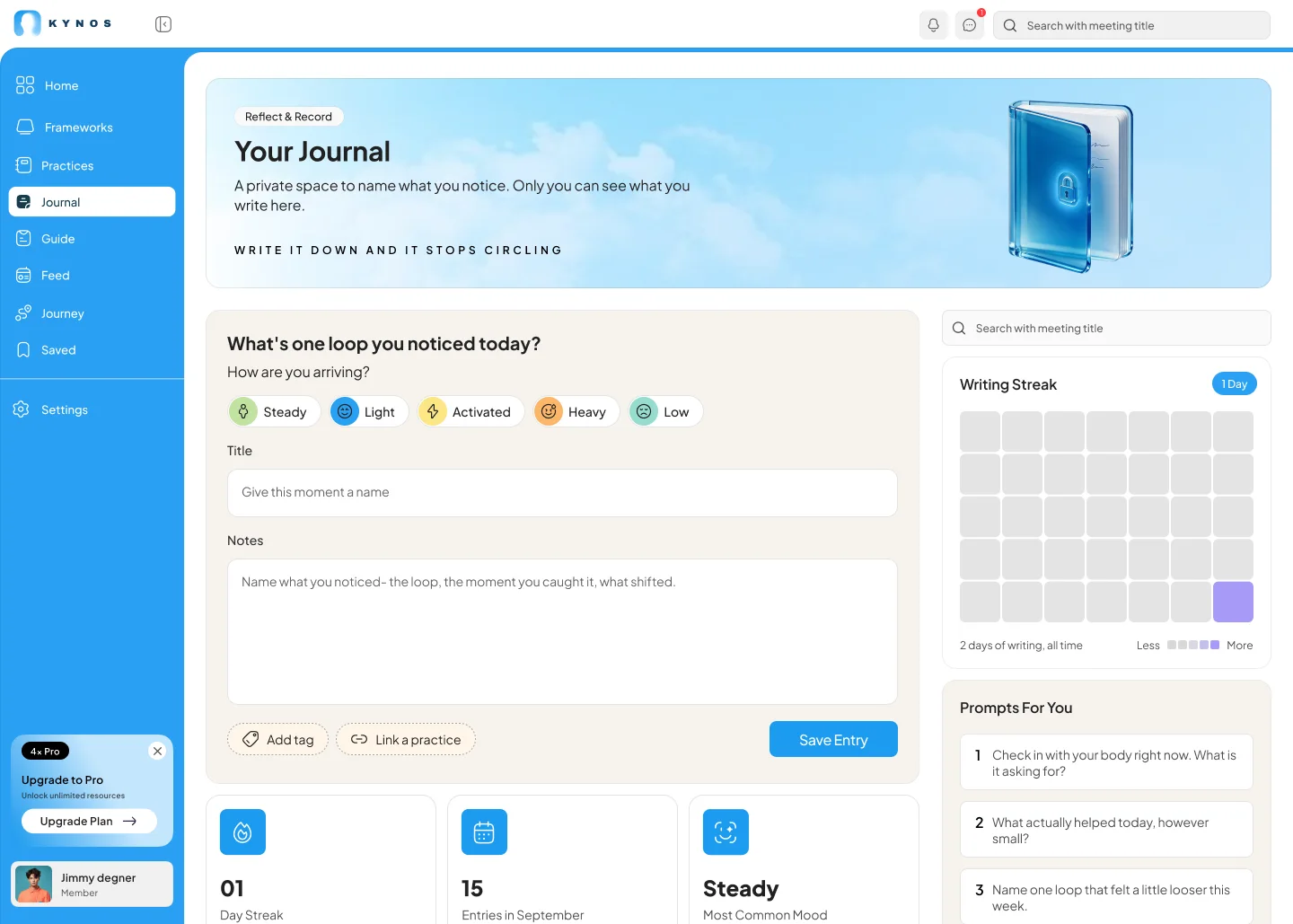 The Kynos Journal: a new entry with a mood check-in, recent entries, writing streak and themes.