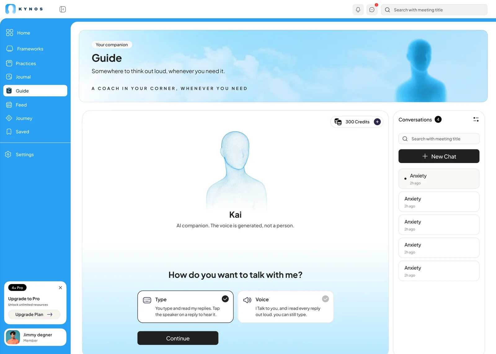 Kai, the Kynos guide: choose to type or talk, with past conversations alongside.